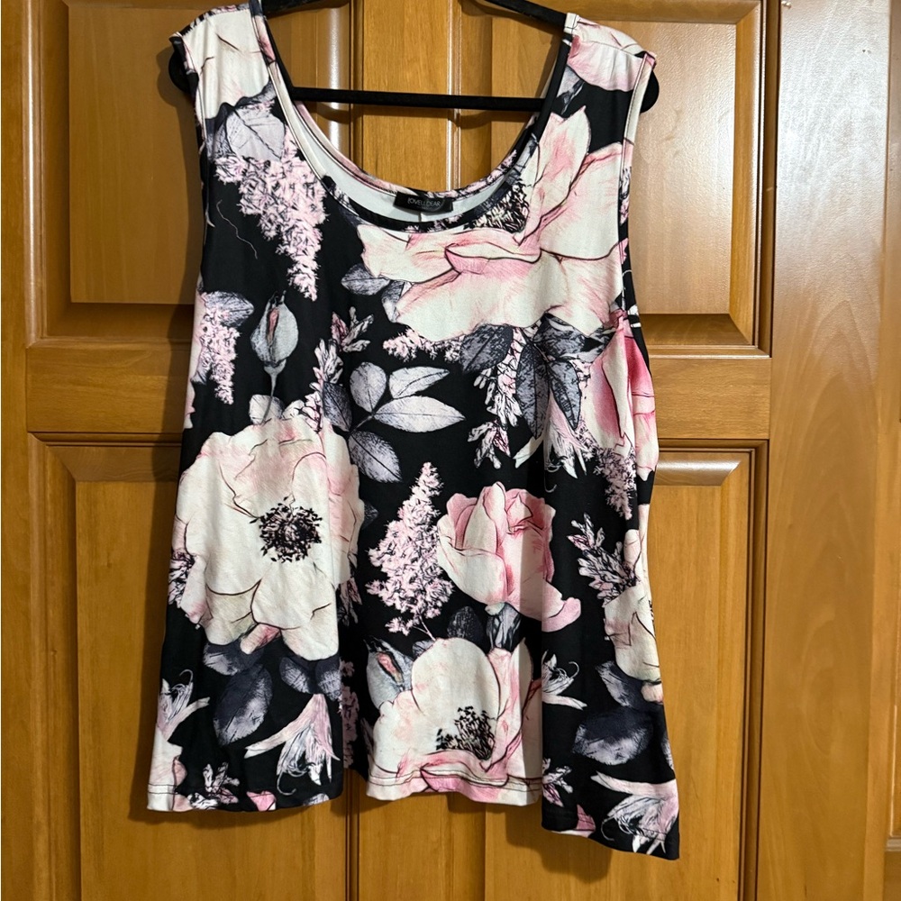 Floral Scoop Neck Tank Top - Black & Pink